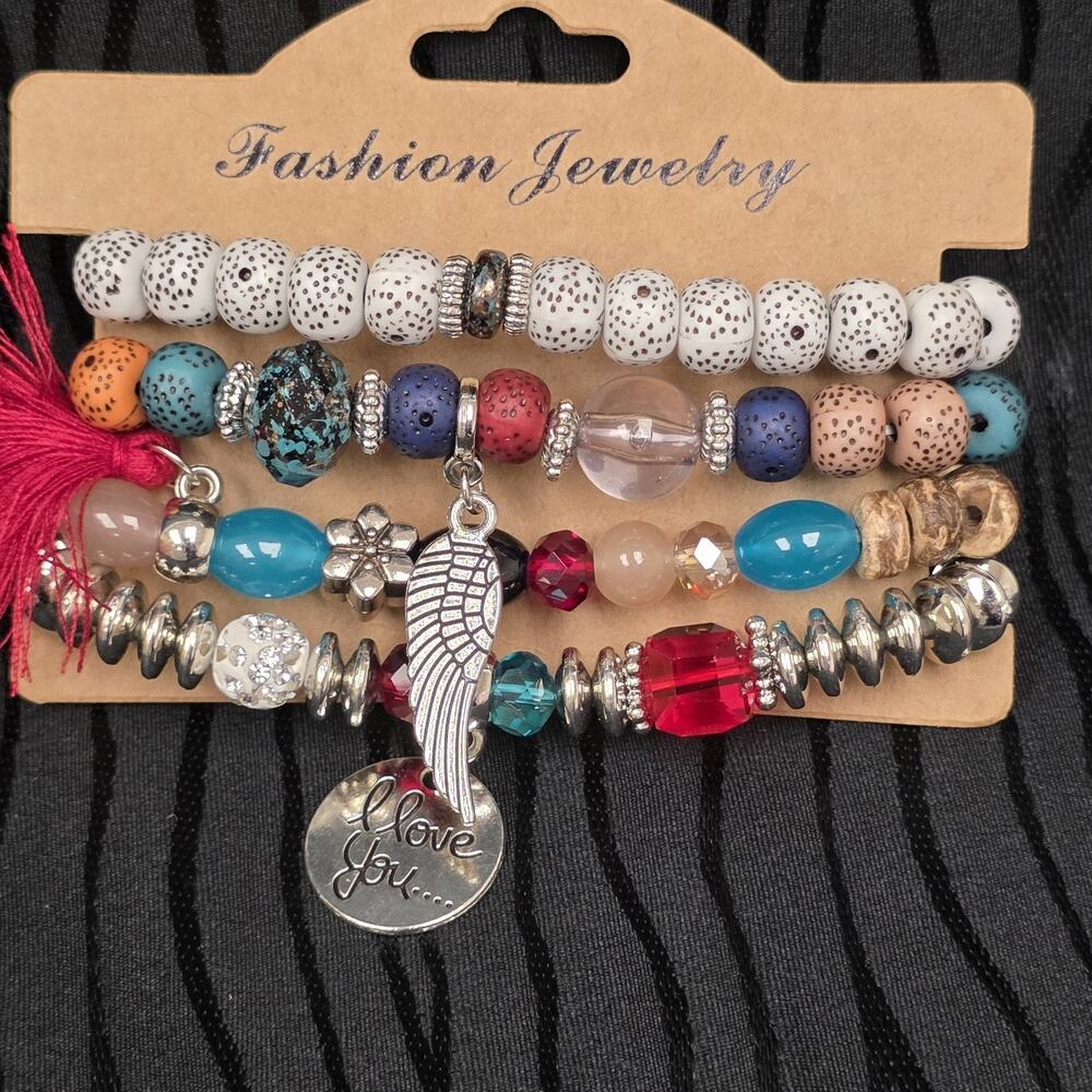 Boho 4Pc Beaded Bracelet Set Wing Charm I Love You Tassel Stretch Stack